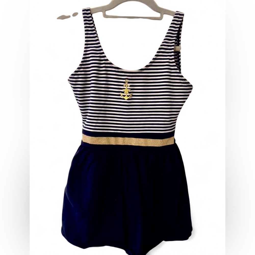 Vintage Nautical Striped Navy & White Swimsuit Romper Gold Anchor One Piece